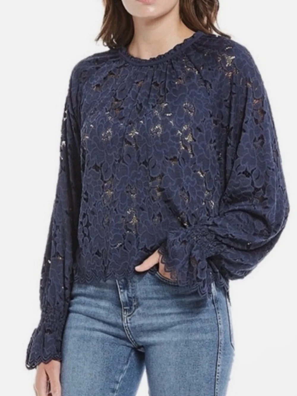 Free People Navy Floral Lace Peasant Top
